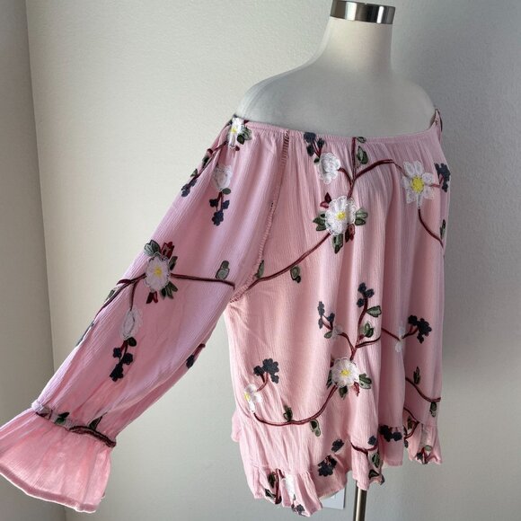 Liv Los Angeles Womens Plus 3X Pink Off Shoulder Embroidered Floral Top Blouse - Picture 6 of 11